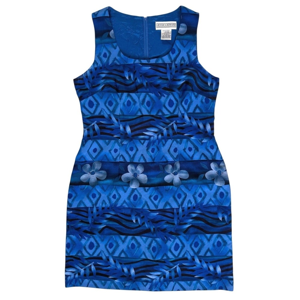 Jessica Howard Womens Blue Tropical Dress Sz 14 Sleeveless Lined Summer Resort